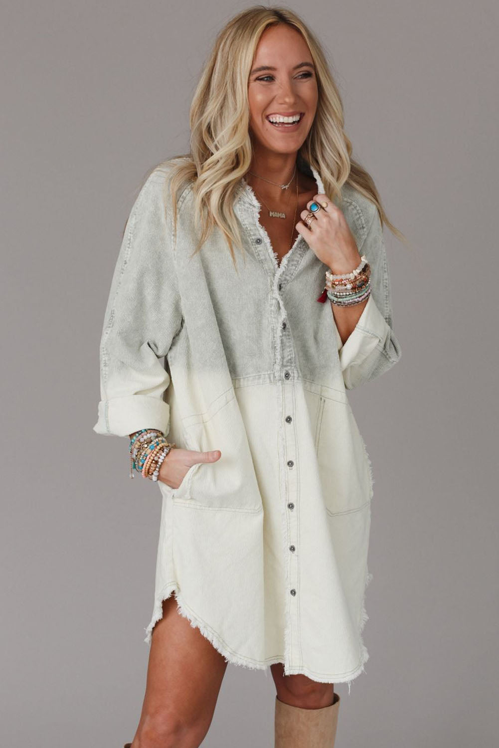 Two-Tone Raw Hem Denim Dress