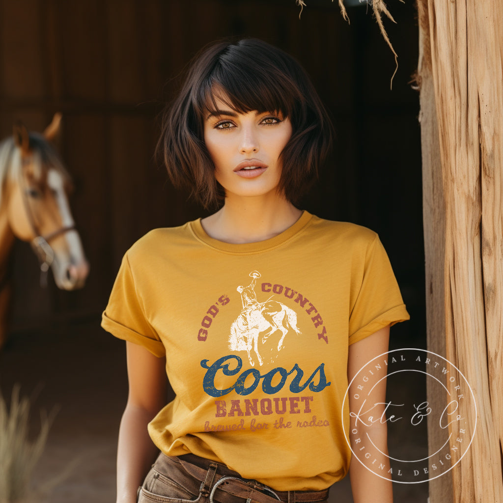 Coors Banquet Rodeo Shirt, God's Country, Brewed for the Rodeo, Coors Light, Beer Shirts, Rodeo Shirts, Country Western Tops, Busch Light