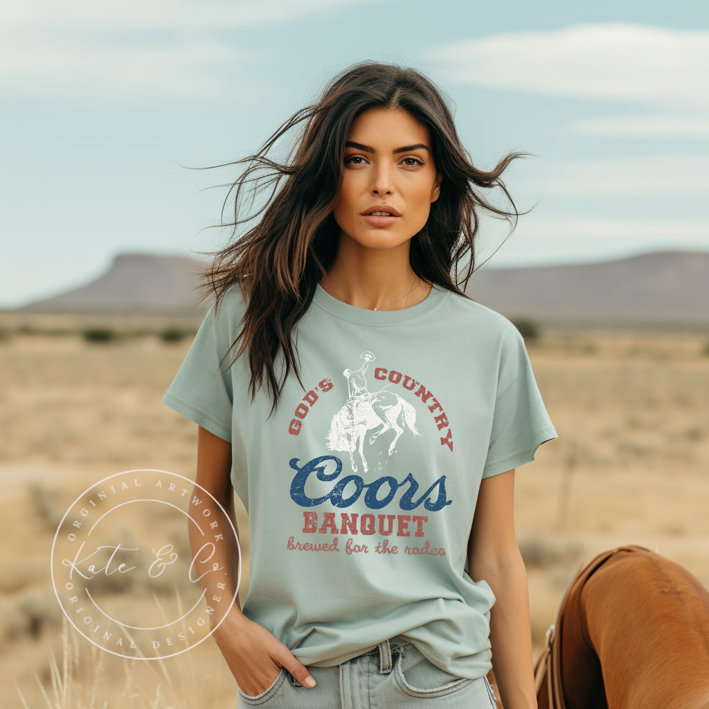 Coors Banquet Rodeo Shirt, God's Country, Brewed for the Rodeo, Coors Light, Beer Shirts, Rodeo Shirts, Country Western Tops, Busch Light