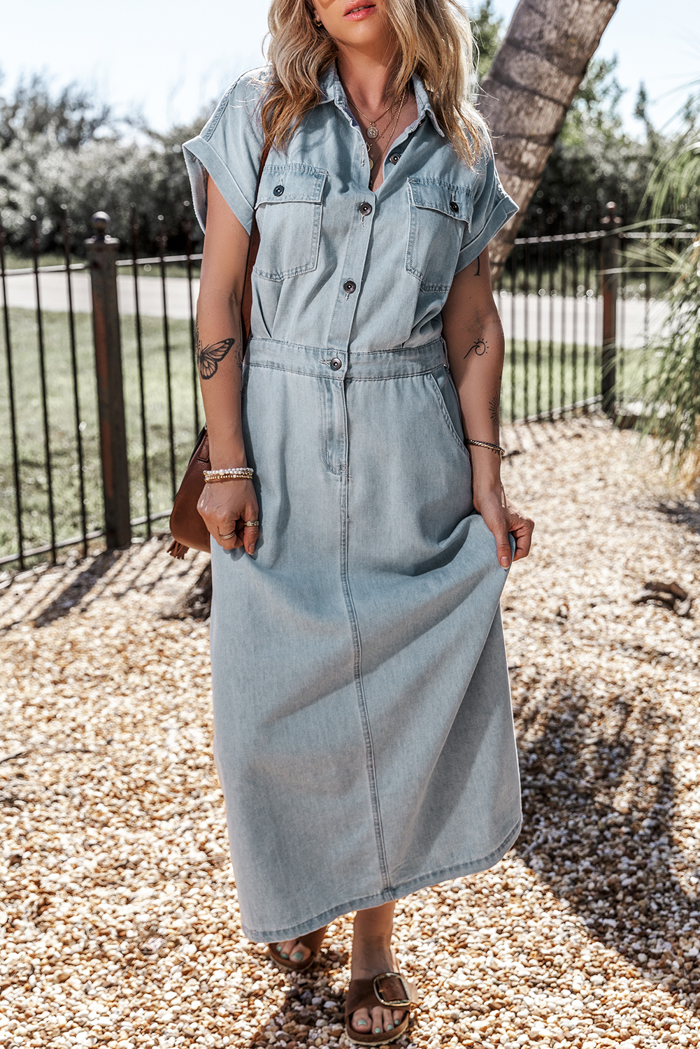 Slit Pocketed Half Button Denim Dress