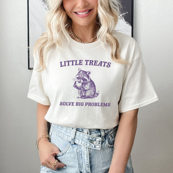 Little Treats Solve Big Problems, Raccoon Meme Shirt, Sarcastic Shirts, Bestselling Graphic Tees, Women's Graphic T-Shirts, Funny Tops for Her