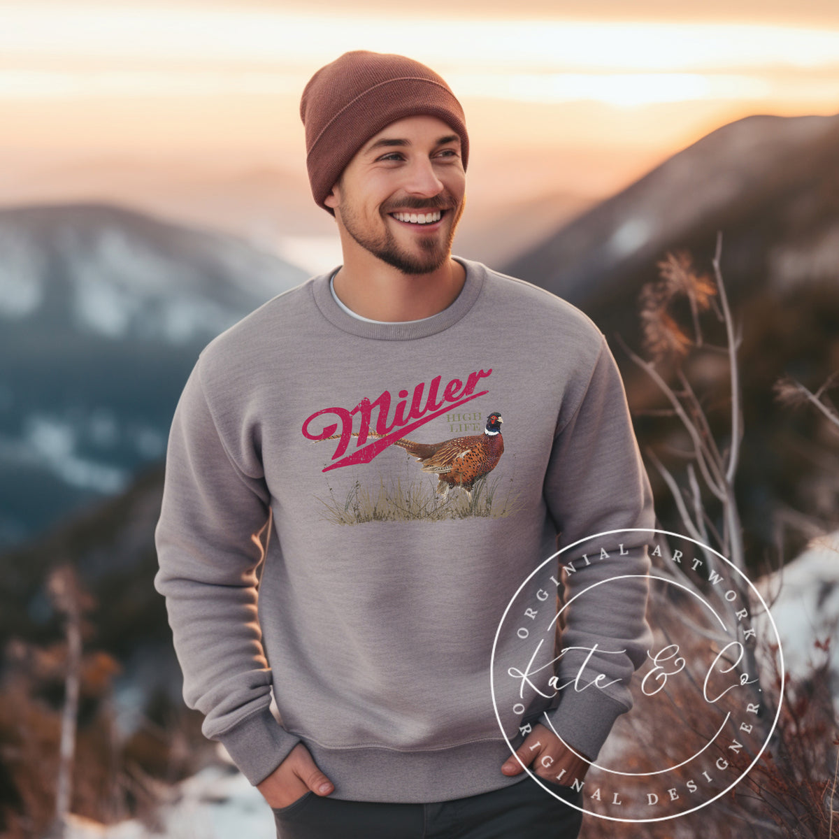 Miller High Life Pheasant Crew Neck, Hunting Shirts, Beer Shirts, Gifts for him, Gifts for Dad, Men's Clothing, Custom Designed Shirts, Pheasant Shirts