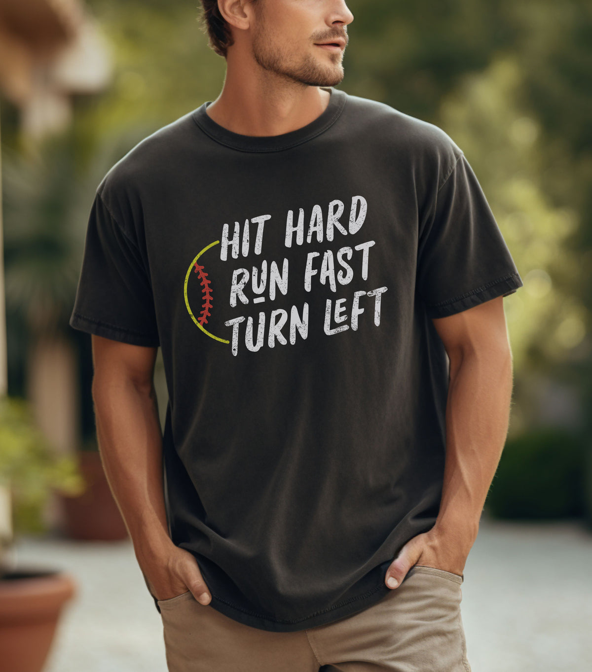 Softball Hit Hard Run Fast Turn Left T-Shirt, Funny Softball Shirts