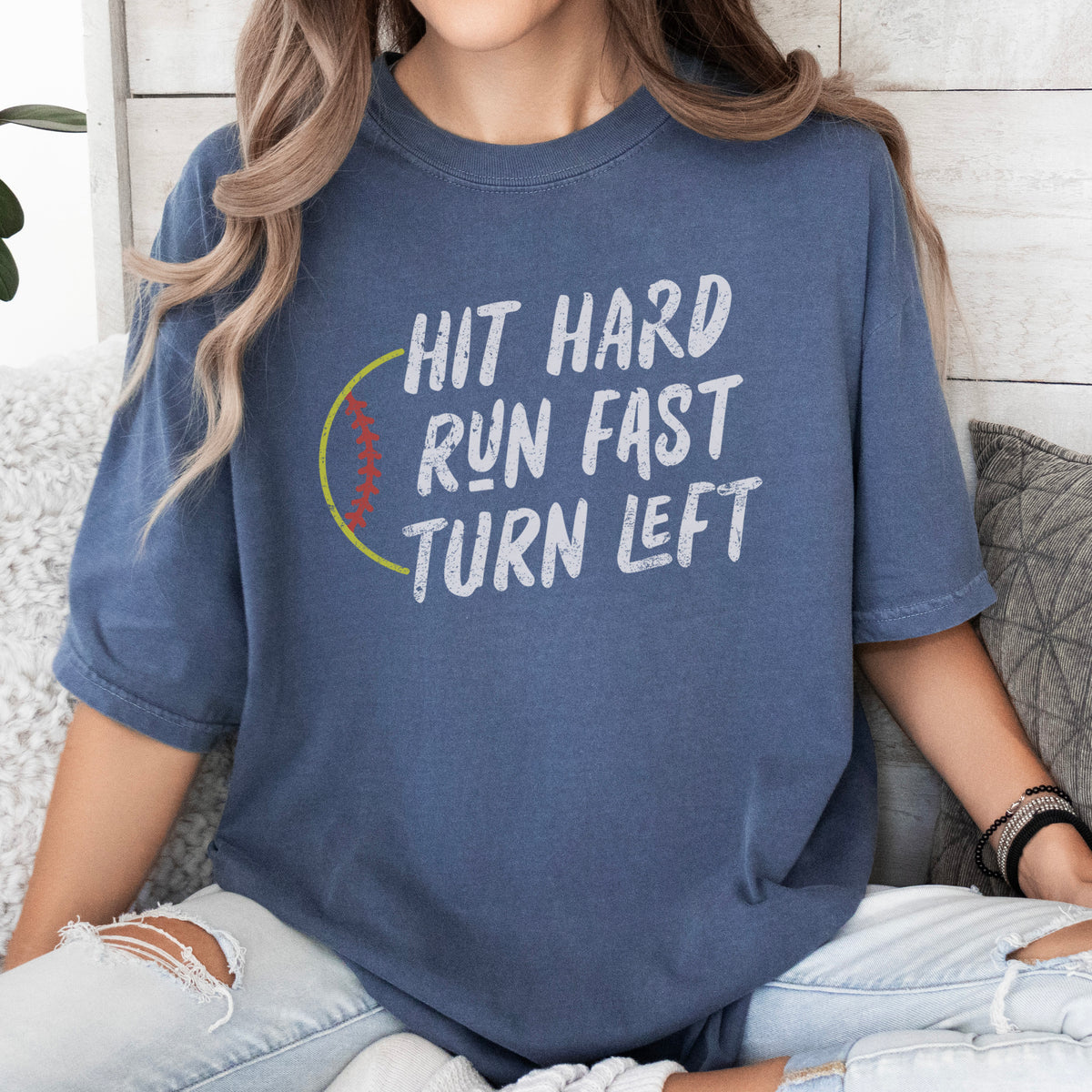 Softball Hit Hard Run Fast Turn Left T-Shirt, Funny Softball Shirts