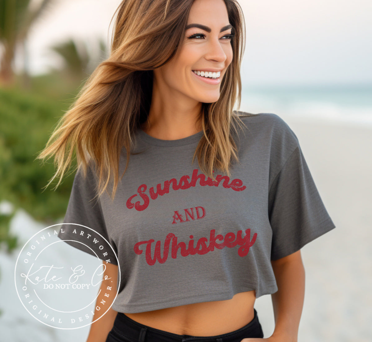 Sunshine and Whiskey Crop Top, Cute Whiskey Shirt, Country Graphic Tees, Summer Graphic Tees, Bestselling T-Shirts, Women's Flowy Cropped Tee