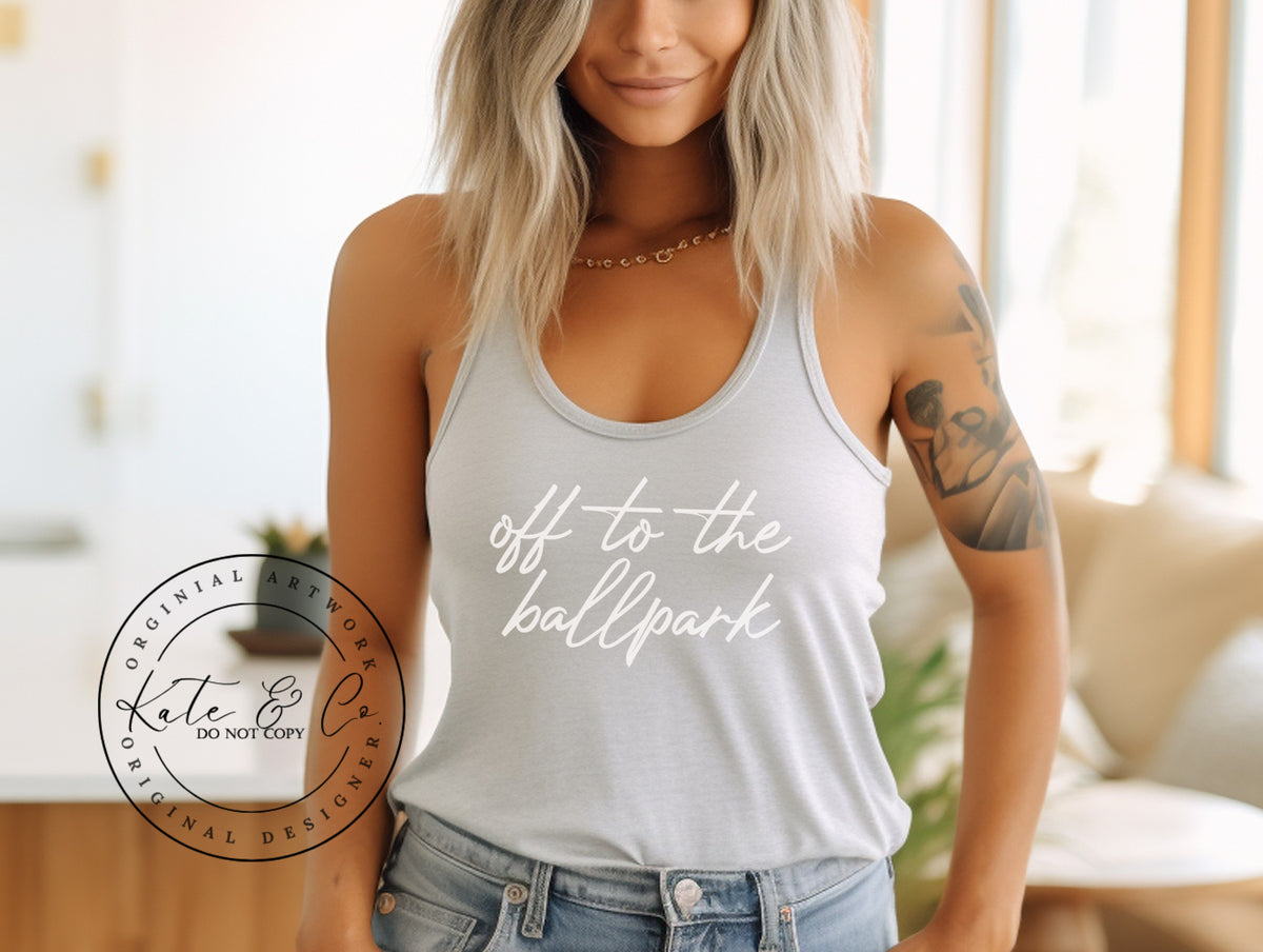 Off To The Ballpark Tank Top, Sports Mom Tops for Baseball or Softball, Cute Softball Tank Top, Cute Baseball Tops, Summer Graphic Top, Bestselling Tops, Kate & Co. Original, T-Ball Mom Tops