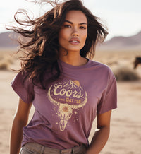 Coors & Cattle Skull T-Shirt, Western Graphic Tees, Coors & Cattle Rodeo Shirt, Country Graphic Tops, Women's Western Apparel, Coors Light Shirts, Coors & Cowboy