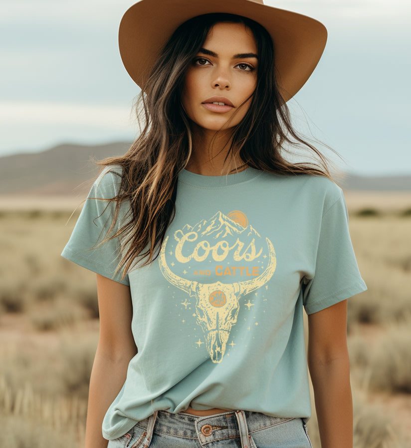 Coors & Cattle Skull T-Shirt, Western Graphic Tees, Coors & Cattle Rodeo Shirt, Country Graphic Tops, Women's Western Apparel, Coors Light Shirts, Coors & Cowboy