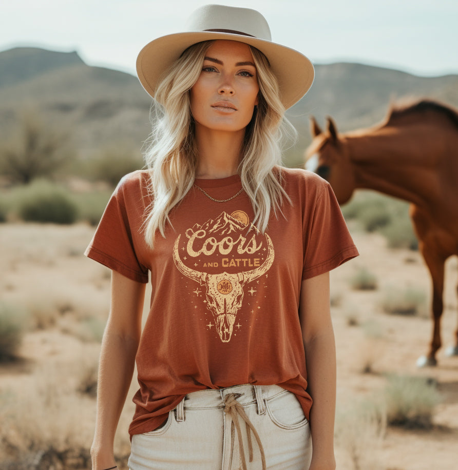 Coors & Cattle Skull T-Shirt, Western Graphic Tees, Coors & Cattle Rodeo Shirt, Country Graphic Tops, Women's Western Apparel, Coors Light Shirts, Coors & Cowboy