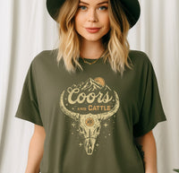 Coors & Cattle Skull T-Shirt, Western Graphic Tees, Coors & Cattle Rodeo Shirt, Country Graphic Tops, Women's Western Apparel, Coors Light Shirts, Coors & Cowboy