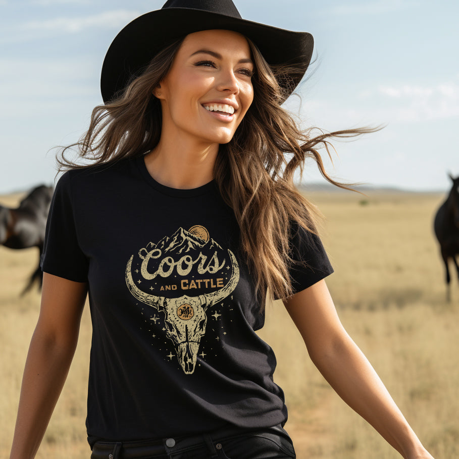 Coors & Cattle Skull T-Shirt, Western Graphic Tees, Coors & Cattle Rodeo Shirt, Country Graphic Tops, Women's Western Apparel, Coors Light Shirts, Coors & Cowboy