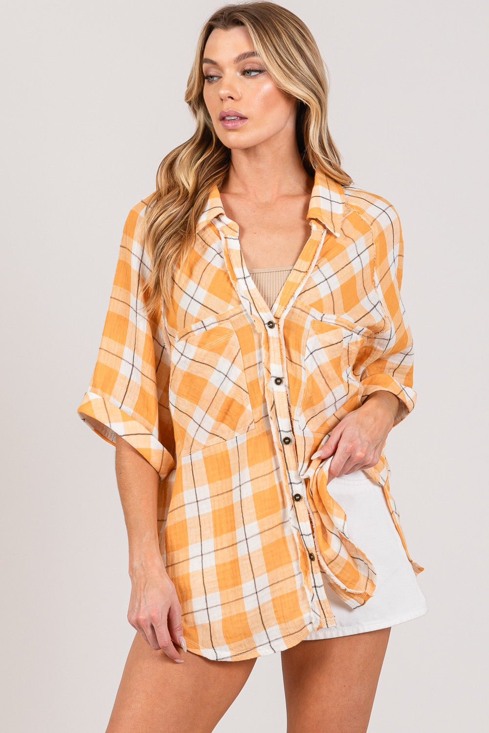 Plaid Button Up Side Slit Shirt