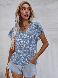 Printed V-Neck Petal Sleeve Blouse