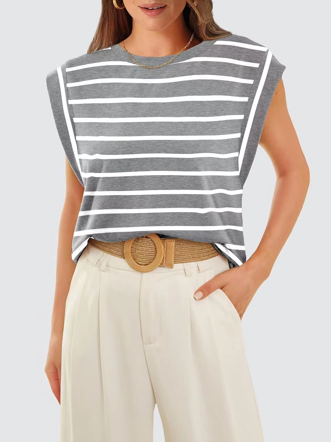 Striped Round Neck Cap Sleeve T-Shirt