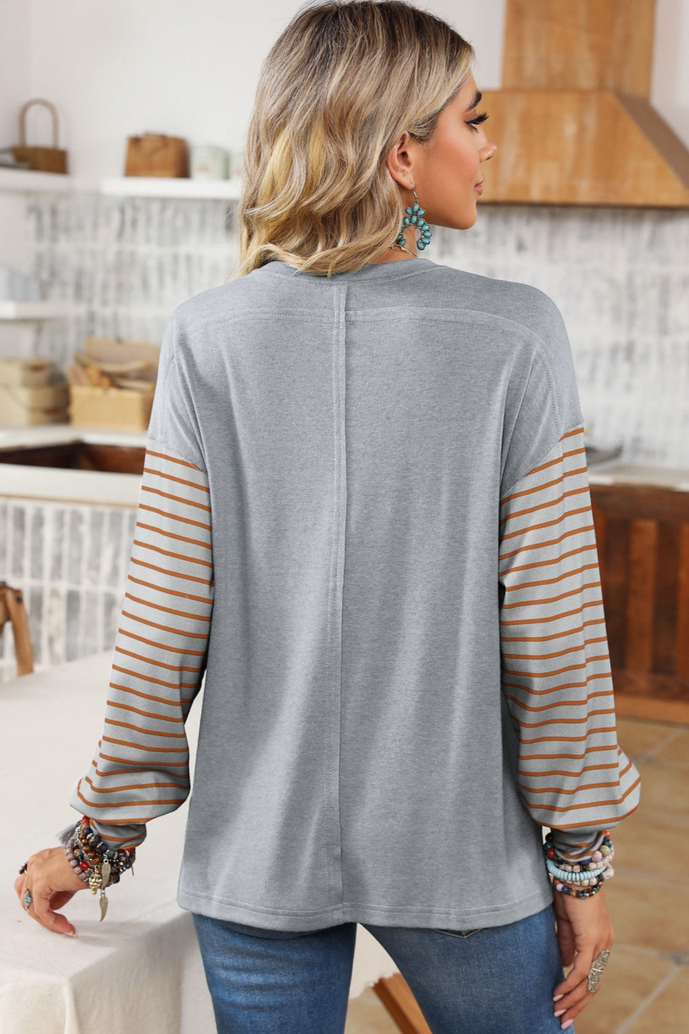 Striped Round Neck Lantern Sleeve Sweatshirt