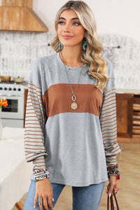 Striped Round Neck Lantern Sleeve Sweatshirt