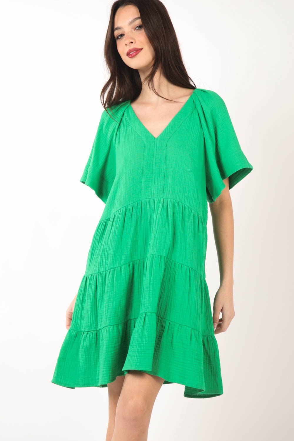 Texture V-Neck Ruffled Tiered Dress