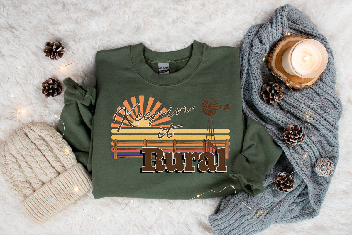 Keepin' It Rural Crew Neck Sweatshirt, Country Sweatshirt, Western Apparel, Best Gifts for Her, Holiday Sweatshirts, Fall Clothing