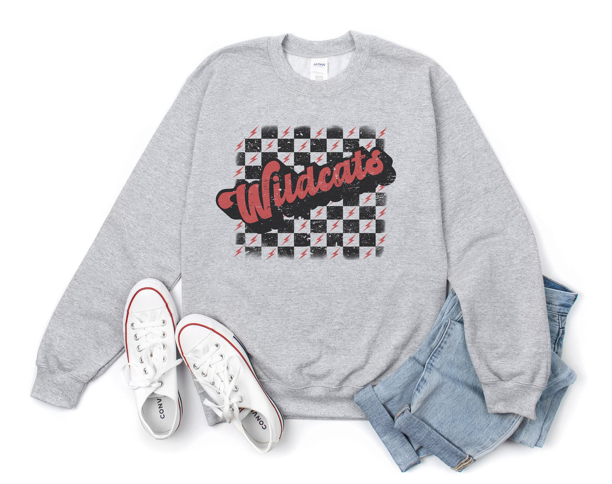 Wildcats Checkered Lighting Distressed Sweatshirt, Custom Team Sweatshirts, Personalized Mascot Shirts,