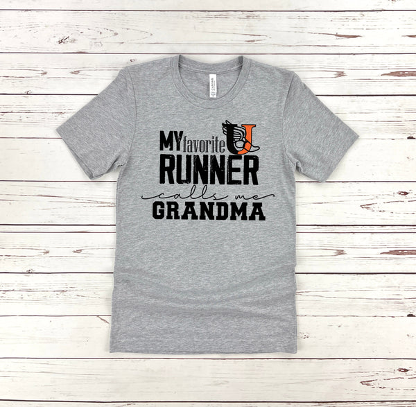 Custom Made My Favorite Runner Calls Me Grandma Front & Back with Last Name, Track and Field